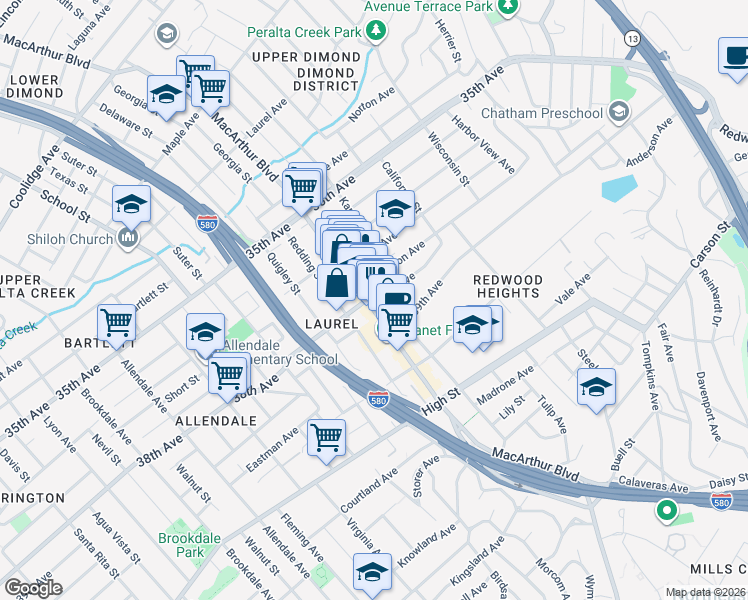 map of restaurants, bars, coffee shops, grocery stores, and more near 3932 MacArthur Boulevard in Oakland