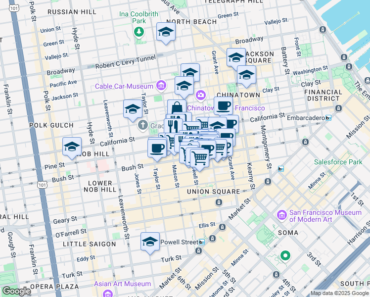 map of restaurants, bars, coffee shops, grocery stores, and more near in San Francisco