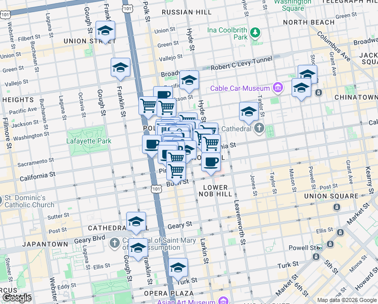 map of restaurants, bars, coffee shops, grocery stores, and more near California St & Larkin St in San Francisco