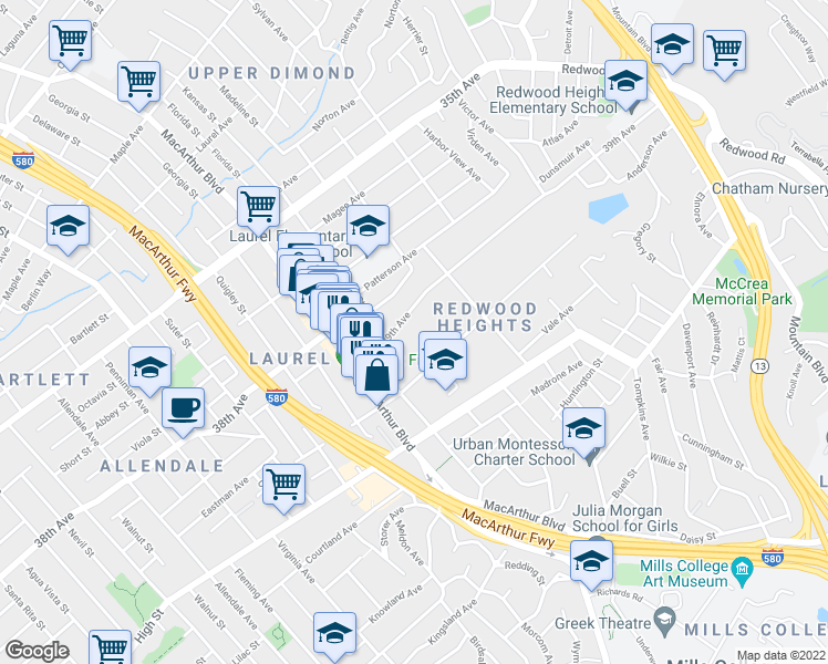 map of restaurants, bars, coffee shops, grocery stores, and more near 3764 39th Avenue in Oakland