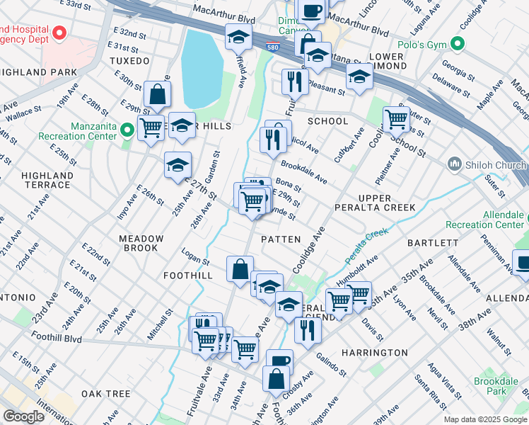 map of restaurants, bars, coffee shops, grocery stores, and more near 2727 Fruitvale Avenue in Oakland