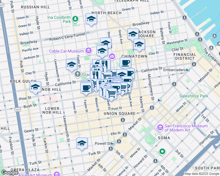map of restaurants, bars, coffee shops, grocery stores, and more near in San Francisco