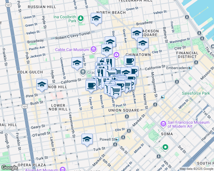 map of restaurants, bars, coffee shops, grocery stores, and more near in San Francisco