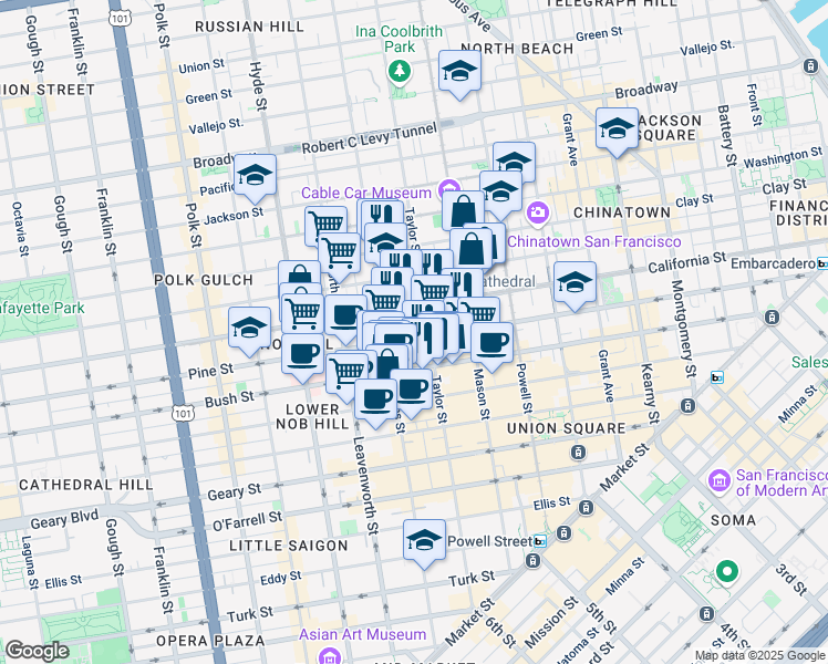 map of restaurants, bars, coffee shops, grocery stores, and more near in San Francisco