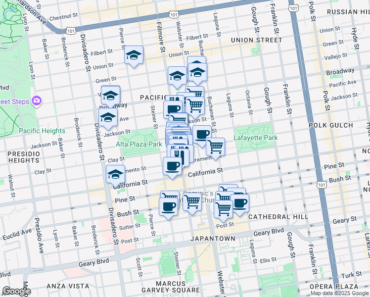 map of restaurants, bars, coffee shops, grocery stores, and more near 2400 Clay Street in San Francisco