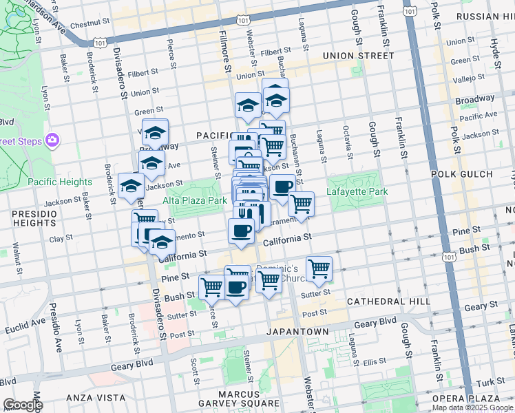 map of restaurants, bars, coffee shops, grocery stores, and more near 2226 A Fillmore Street in San Francisco