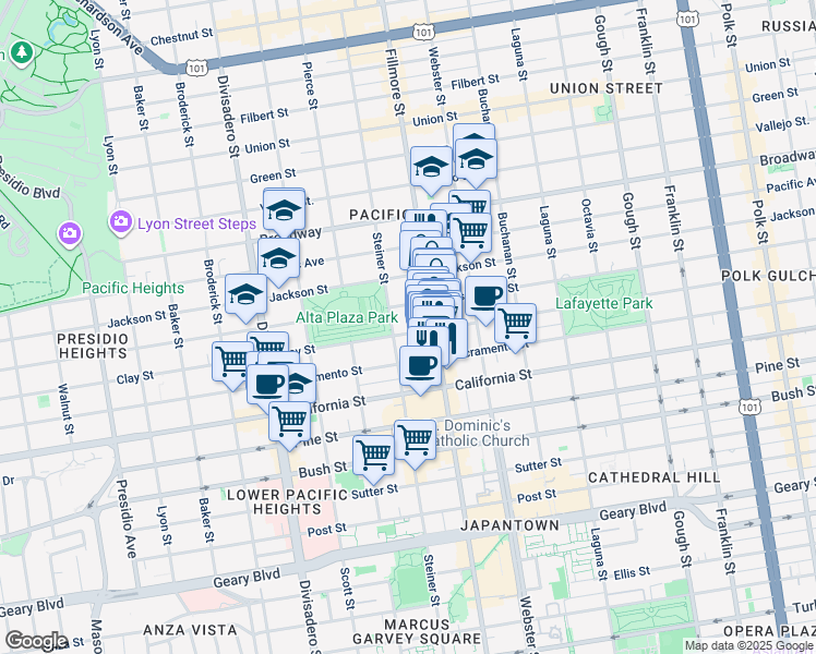 map of restaurants, bars, coffee shops, grocery stores, and more near 2336 Steiner Street in San Francisco