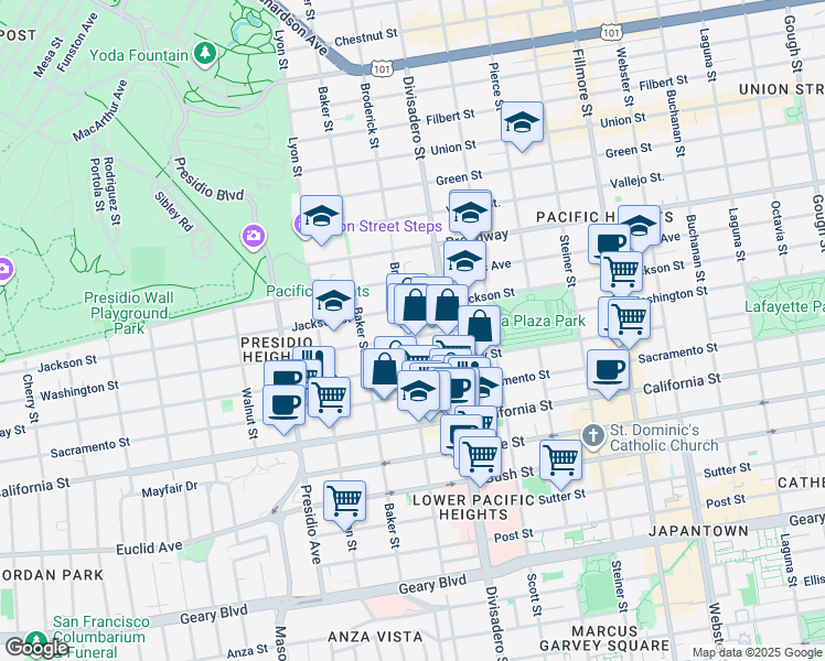 map of restaurants, bars, coffee shops, grocery stores, and more near 2970 Washington Street in San Francisco