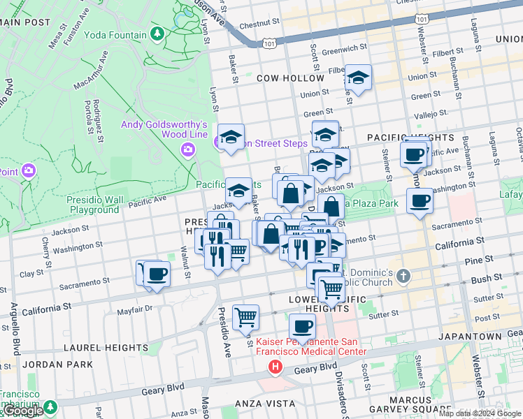 map of restaurants, bars, coffee shops, grocery stores, and more near 2927 Jackson Street in San Francisco