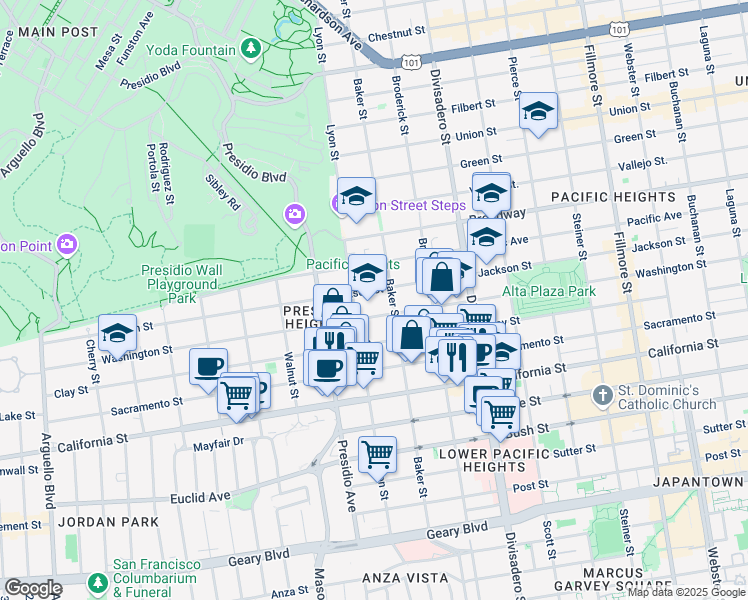 map of restaurants, bars, coffee shops, grocery stores, and more near 3011 Jackson Street in San Francisco