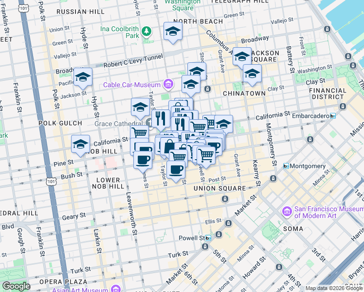 map of restaurants, bars, coffee shops, grocery stores, and more near 817 Mason Street in San Francisco