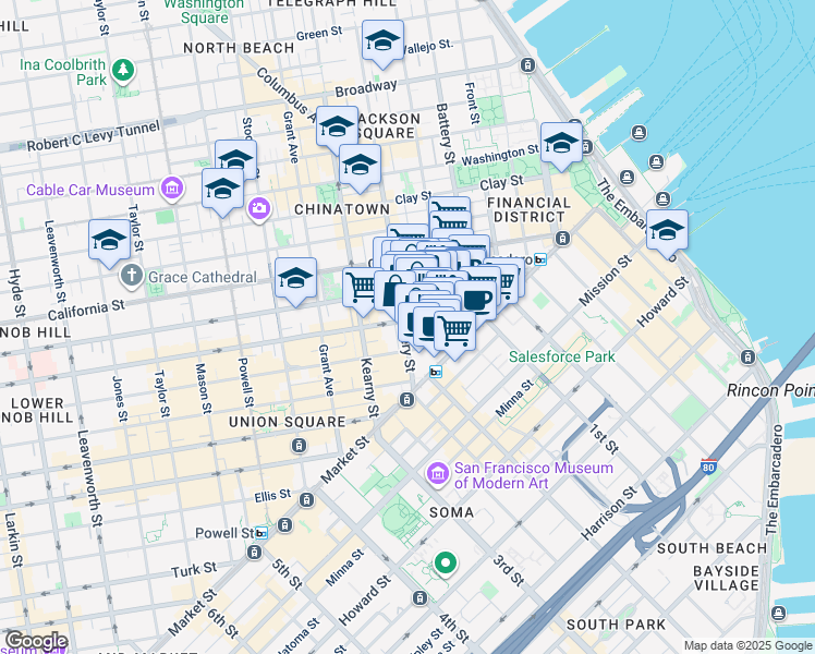 map of restaurants, bars, coffee shops, grocery stores, and more near 180 Montgomery Street in San Francisco