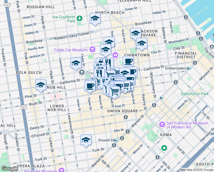 map of restaurants, bars, coffee shops, grocery stores, and more near in San Francisco