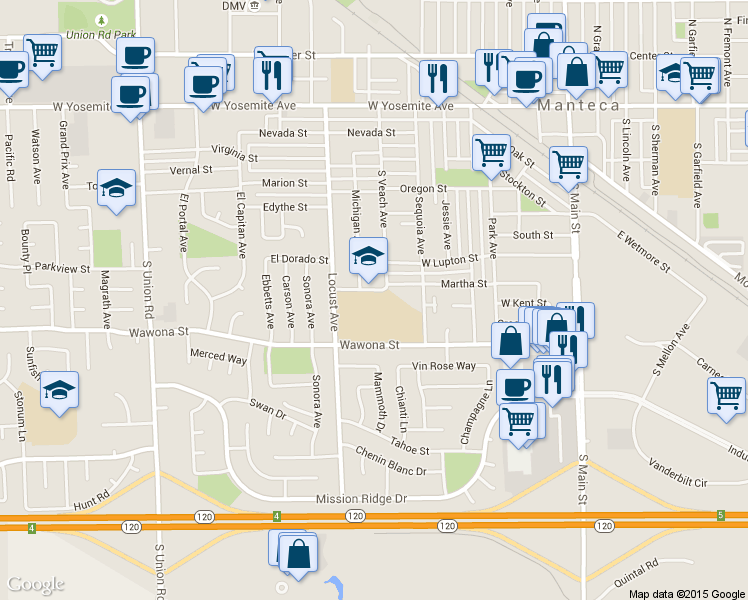map of restaurants, bars, coffee shops, grocery stores, and more near 710 Martha Street in Manteca