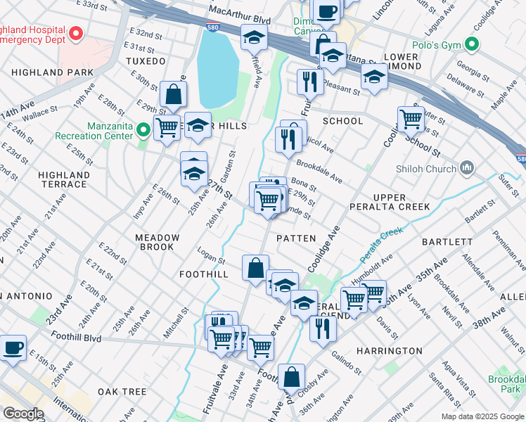 map of restaurants, bars, coffee shops, grocery stores, and more near 2727 Fruitvale Avenue in Oakland