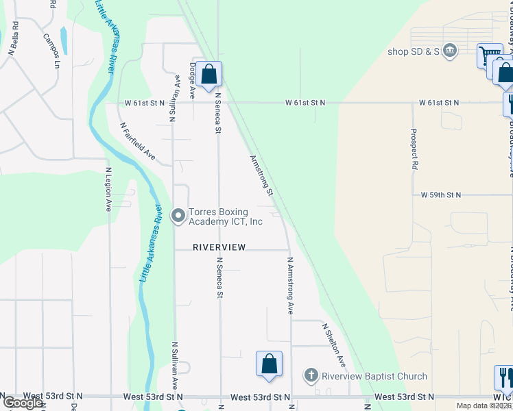 map of restaurants, bars, coffee shops, grocery stores, and more near 5903 Armstrong Street in Wichita