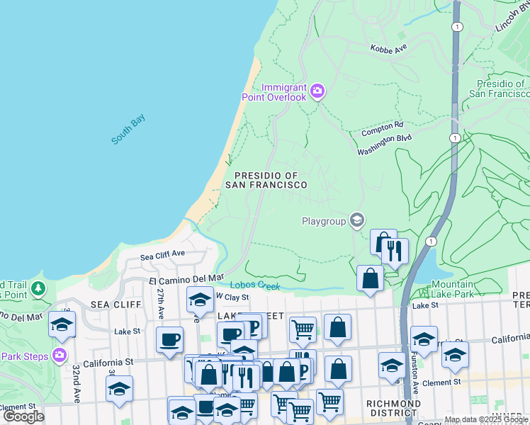 map of restaurants, bars, coffee shops, grocery stores, and more near 1713 Baker Court in San Francisco