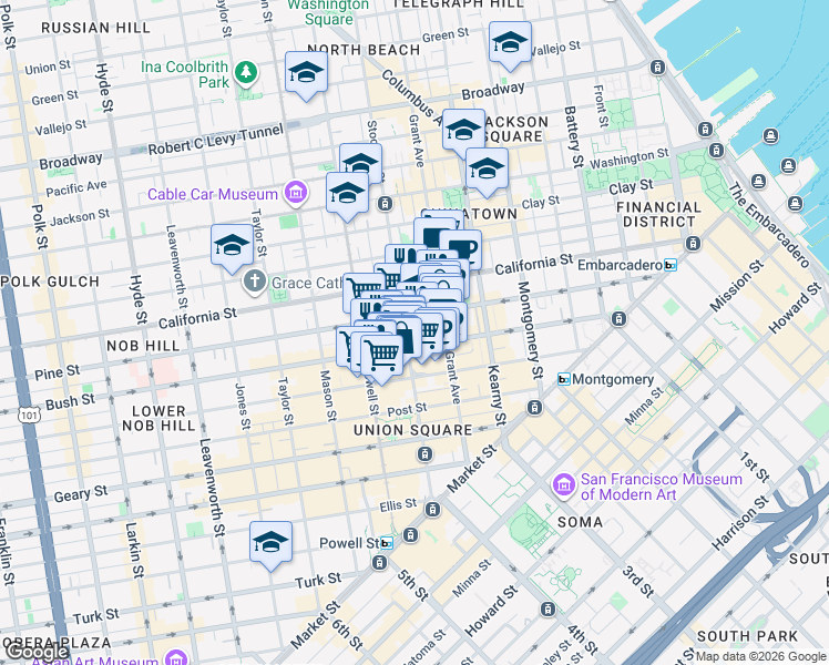 map of restaurants, bars, coffee shops, grocery stores, and more near 701 Pine Street in San Francisco