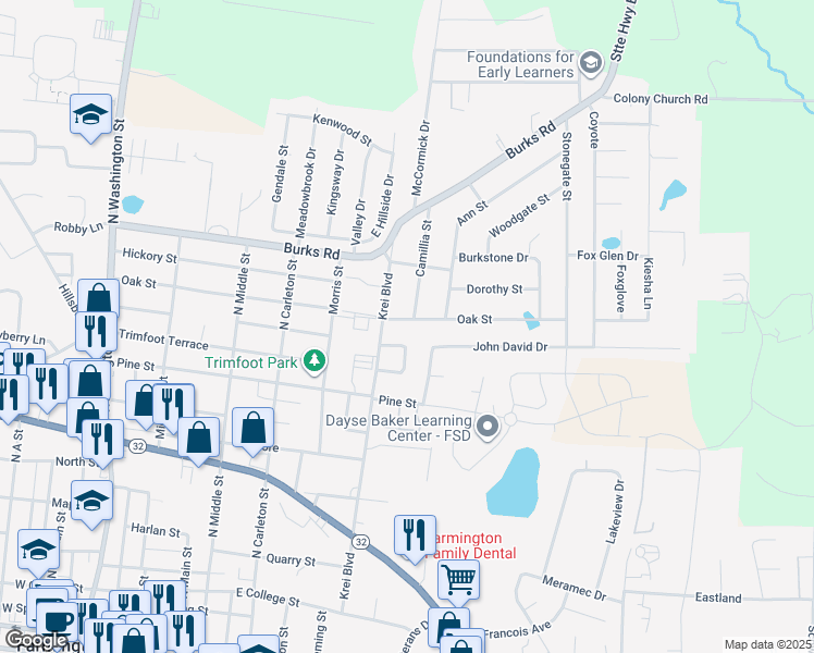 map of restaurants, bars, coffee shops, grocery stores, and more near 510 Oak Street in Farmington
