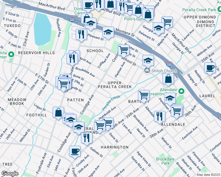 map of restaurants, bars, coffee shops, grocery stores, and more near 3205 Brookdale Avenue in Oakland