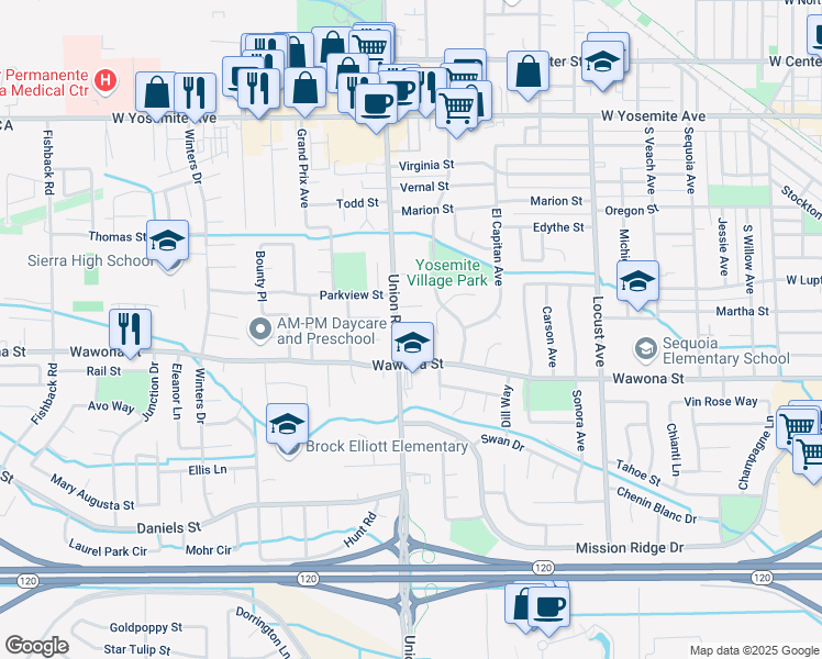 map of restaurants, bars, coffee shops, grocery stores, and more near 850 South Union Road in Manteca