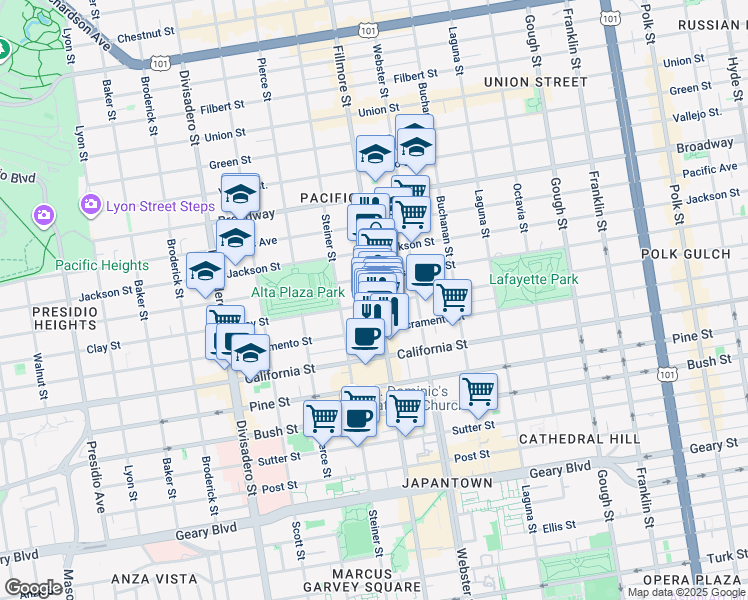 map of restaurants, bars, coffee shops, grocery stores, and more near 2301 Fillmore Street in San Francisco