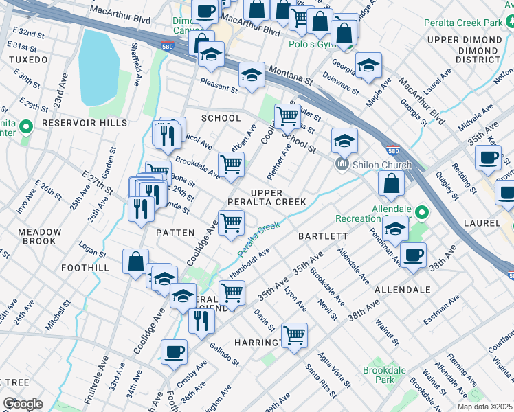 map of restaurants, bars, coffee shops, grocery stores, and more near 3143 Brookdale Avenue in Oakland