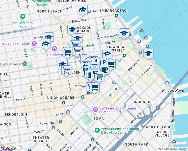 map of restaurants, bars, coffee shops, grocery stores, and more near 225 Bush Street in San Francisco