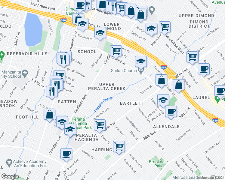 map of restaurants, bars, coffee shops, grocery stores, and more near 3300 Brookdale Avenue in Oakland