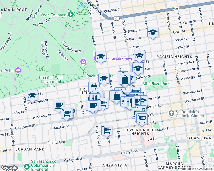map of restaurants, bars, coffee shops, grocery stores, and more near 3011 Jackson Street in San Francisco