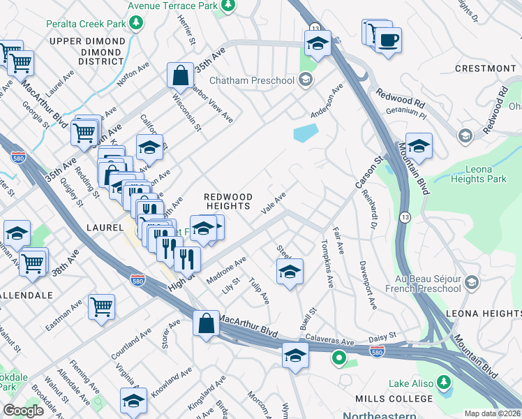 map of restaurants, bars, coffee shops, grocery stores, and more near 3911 Vale Avenue in Oakland