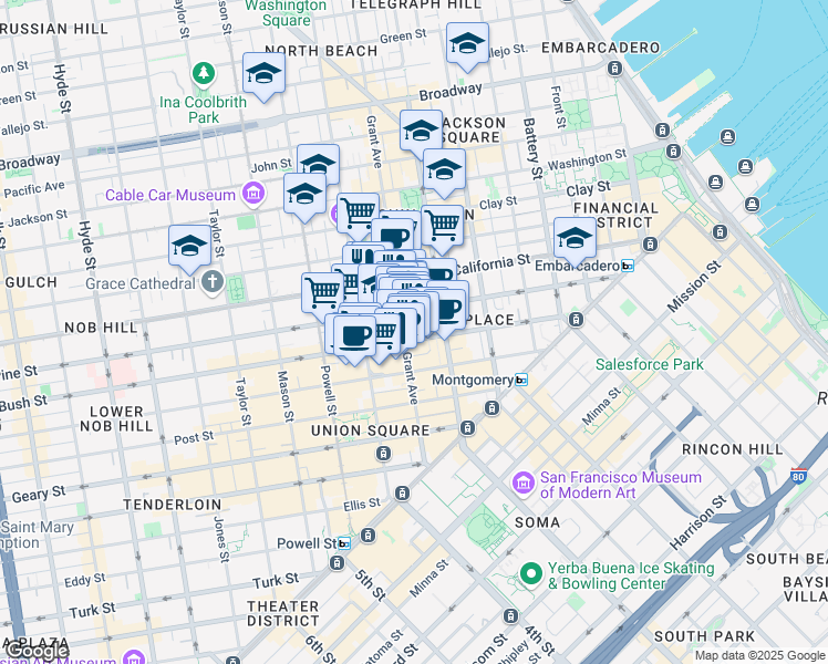 map of restaurants, bars, coffee shops, grocery stores, and more near 466 Bush Street in San Francisco