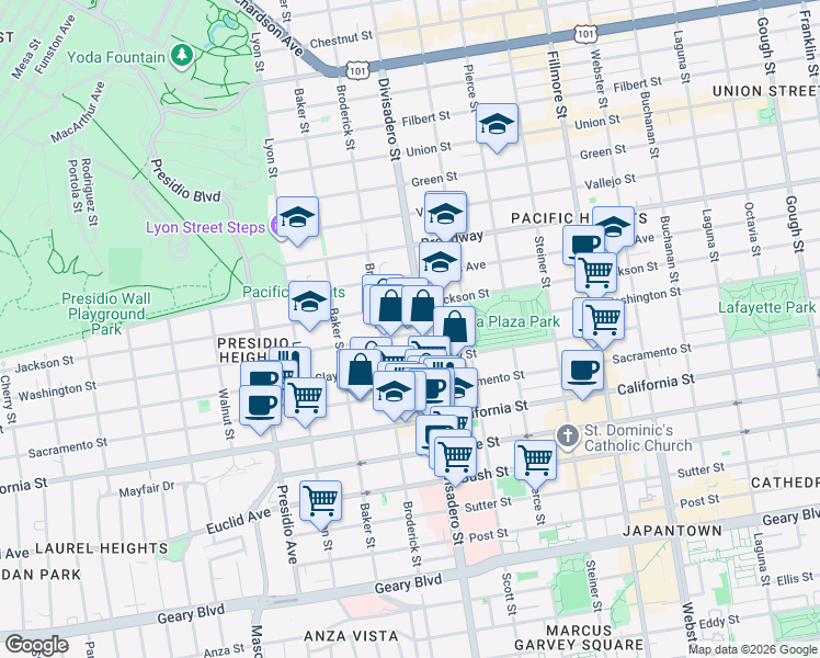 map of restaurants, bars, coffee shops, grocery stores, and more near 2970 Washington Street in San Francisco