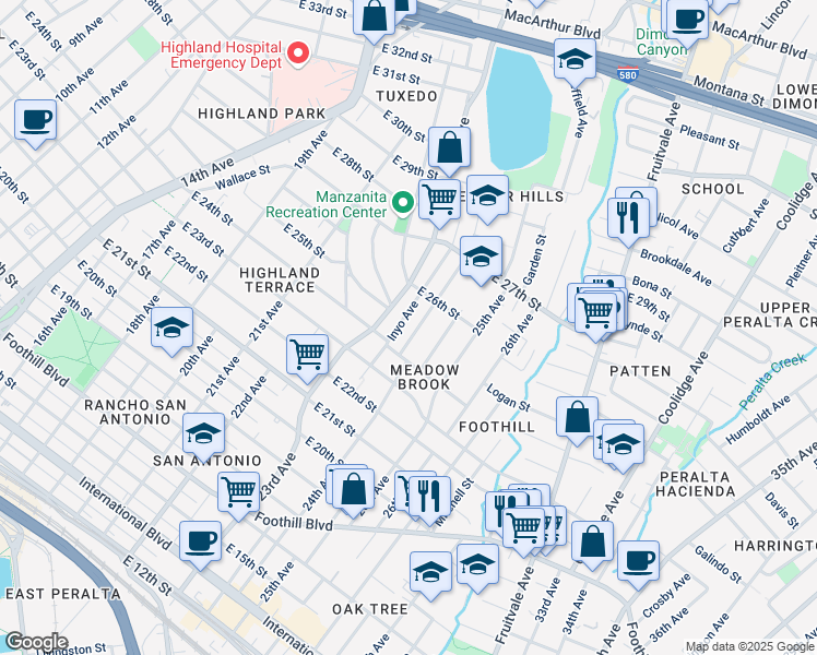 map of restaurants, bars, coffee shops, grocery stores, and more near 2449 Grande Vista Avenue in Oakland