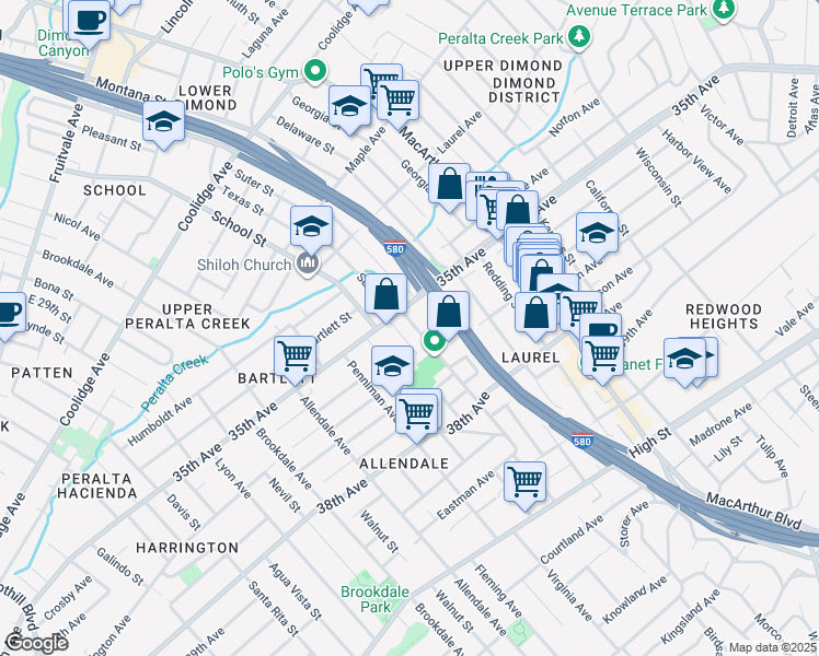 map of restaurants, bars, coffee shops, grocery stores, and more near 3527 Suter Street in Oakland