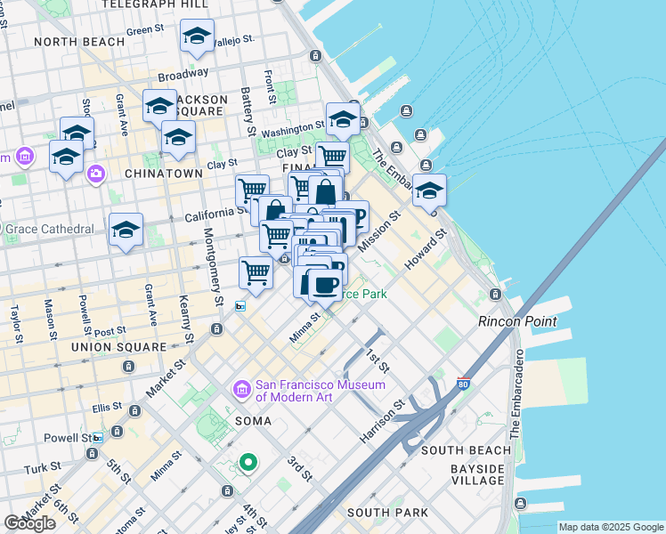 map of restaurants, bars, coffee shops, grocery stores, and more near 350 Mission Street in San Francisco