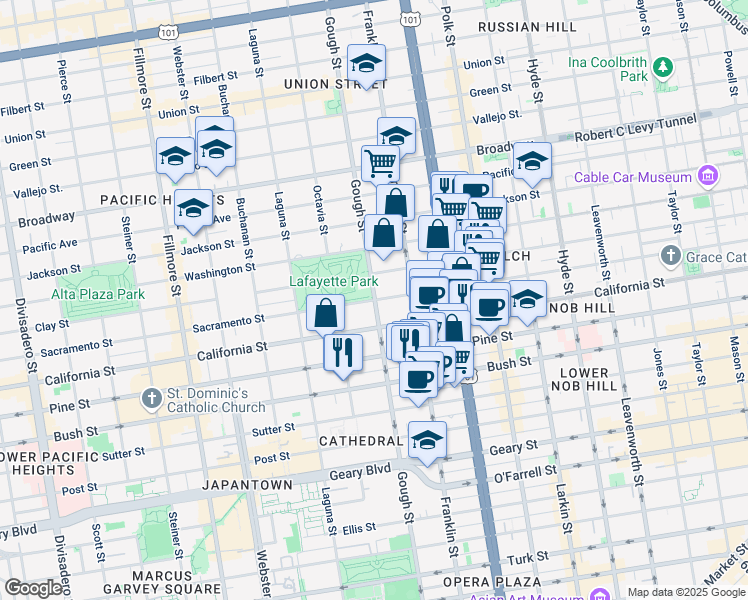 map of restaurants, bars, coffee shops, grocery stores, and more near Sacramento St & Gough St in San Francisco