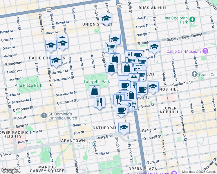 map of restaurants, bars, coffee shops, grocery stores, and more near Gough St & Sacramento St in San Francisco