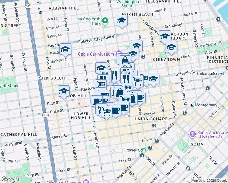map of restaurants, bars, coffee shops, grocery stores, and more near 900 Taylor Street in San Francisco