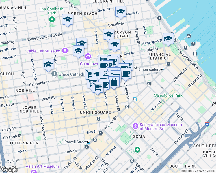 map of restaurants, bars, coffee shops, grocery stores, and more near 237 Kearny Street in San Francisco