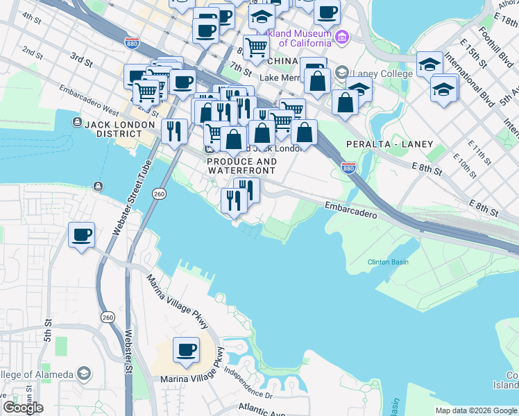 map of restaurants, bars, coffee shops, grocery stores, and more near 7 Embarcadero in Oakland