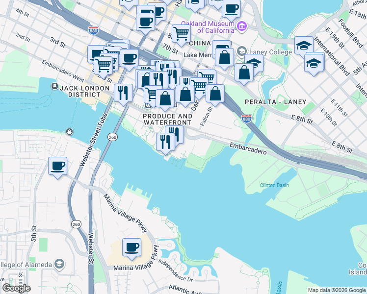 map of restaurants, bars, coffee shops, grocery stores, and more near 3 Embarcadero West in Oakland