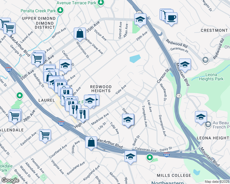 map of restaurants, bars, coffee shops, grocery stores, and more near 3911 Vale Avenue in Oakland