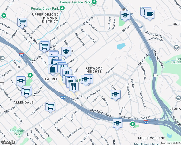 map of restaurants, bars, coffee shops, grocery stores, and more near 3833 Maybelle Avenue in Oakland