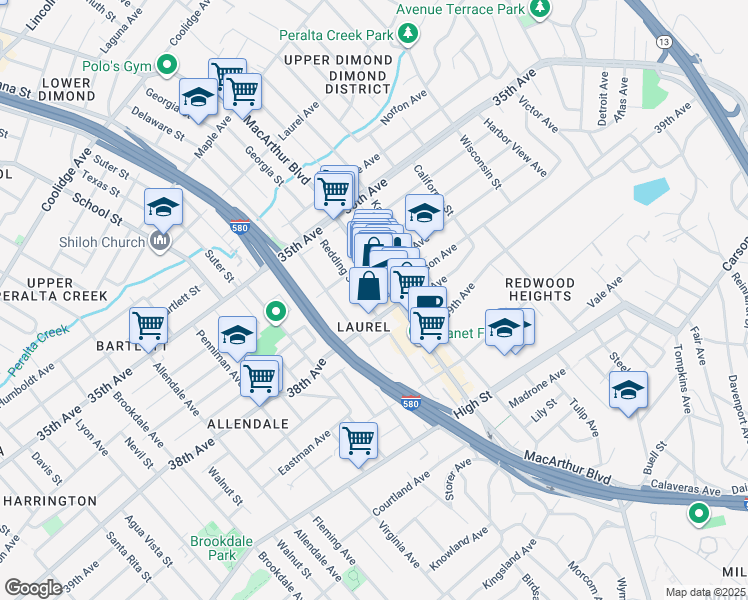 map of restaurants, bars, coffee shops, grocery stores, and more near 3822 Redding Street in Oakland
