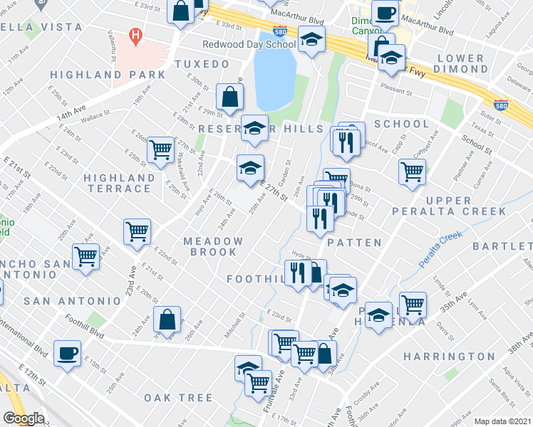 map of restaurants, bars, coffee shops, grocery stores, and more near 2622 25th Avenue in Oakland