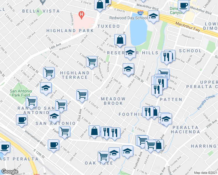 map of restaurants, bars, coffee shops, grocery stores, and more near 2449 Grande Vista Avenue in Oakland