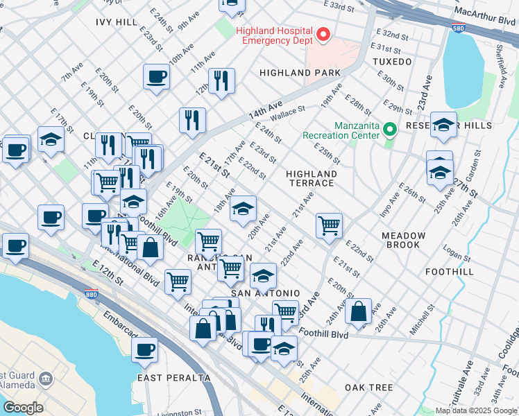 map of restaurants, bars, coffee shops, grocery stores, and more near 2034 19th Avenue in Oakland