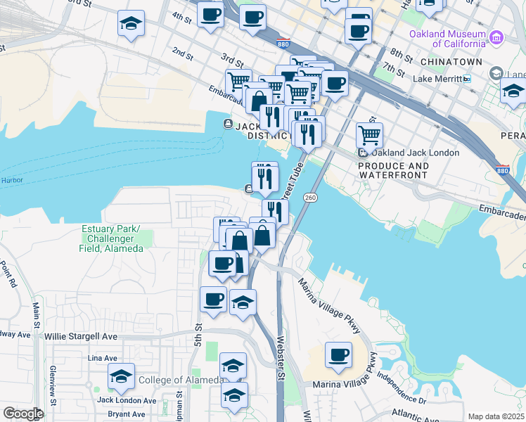 map of restaurants, bars, coffee shops, grocery stores, and more near 2431 Webster Street Tube in Alameda
