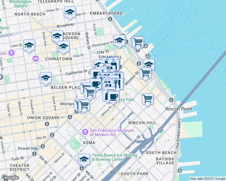 map of restaurants, bars, coffee shops, grocery stores, and more near 99 Fremont Street in San Francisco